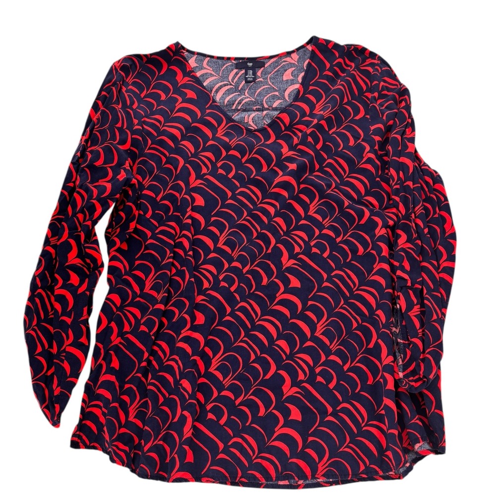 Gap Women's XXL Navy Red Print V Neck Roll Tab‎ Sleeve Blouse Top